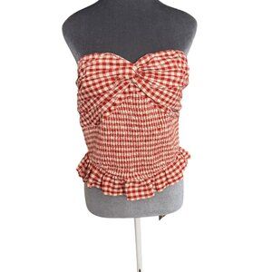 Red & White Gingham Smocked Strapless Top With Ruffle Hem Size L By Japna NWT